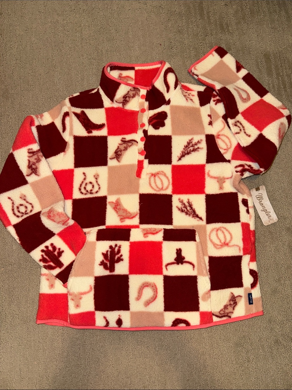 🆕 Wrangler Girls' Pink, Burgundy & Cream Fleece 1/4 Snap Pullover. XL. NWT!🔥🔥